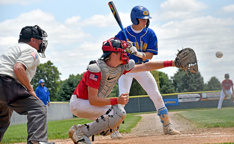 Aurora Cooperative Juniors’ Dylan Ronnau, shown here behind the plate against Gering, tossed a complete game winner Saturday against Ord, including 13 strikeouts.