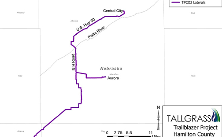The route of the Trailblazer CO2 pipeline in Hamilton County