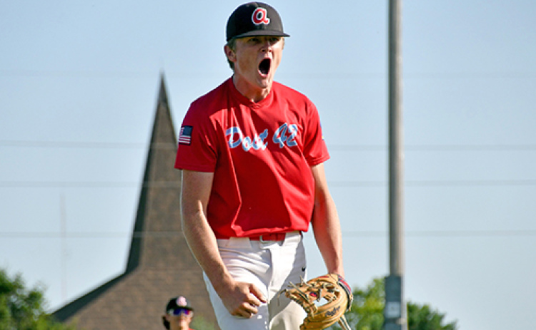 Dylan Ronnau gets excited after getting out of a bases loaded jam in the seventh inning against Central City Thursday.