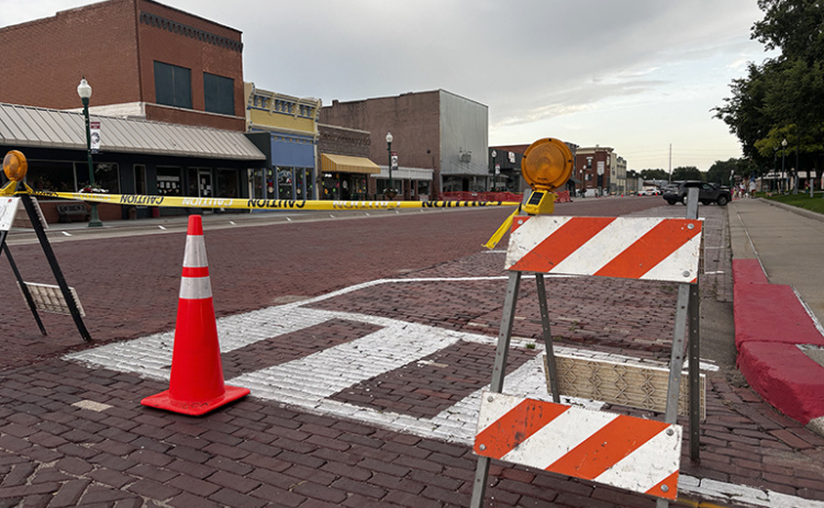 Cones were put up Tuesday night blocking a portion of 13th Street on the east side of the square, in preparation for demolition equipment to be set up Wednesday so that demolition of the former Gambles building can begin on Thursday.