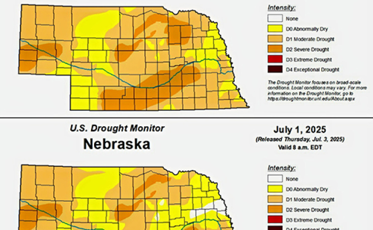 The National Drought Monitor map shows a marked improvement in Nebraska soil moisture conditions over the past two weeks. However, Hamilton County still remains about 4 inches behind normal precip for this point in the year.