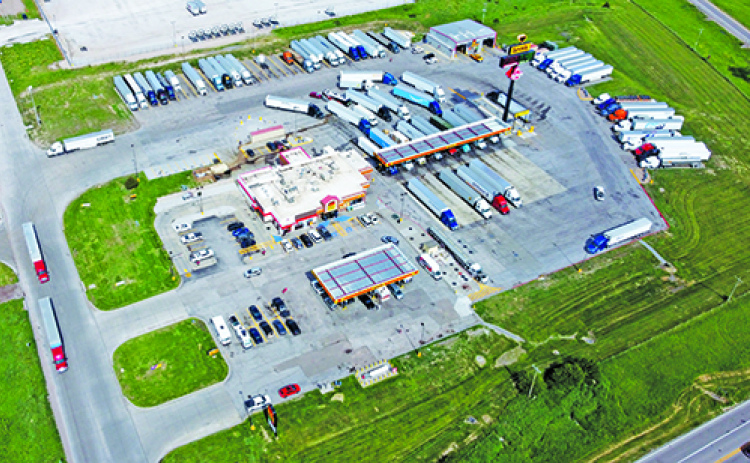 This drone photo shows the footprint of the Love’s Travel Stop location at Aurora’s Interstate 80 intersection. The company has announced plans for a $3 million renovation/expansion project, with specific construction details still pending.