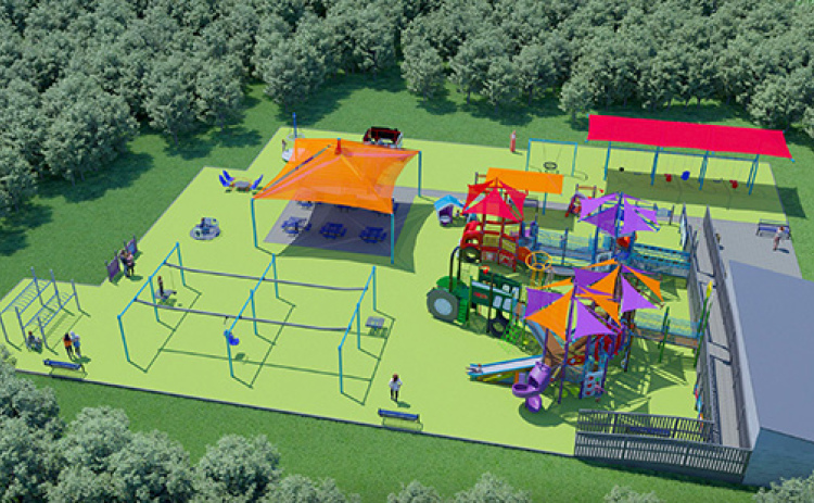 The latest design rendering for the Hamilton County Inclusive Playground shows the location of the various pieces of playground equipment, a shaded picnic area in the upper left and the restrooms at right. The view is looking south as seen from above Old Creek Road.