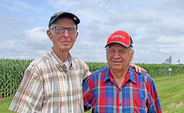 For 60 years, Harold Oretegren (right) has been farming Shorty Hahn’s land, one mile west of Hordville. The relationship began with a handshake in 1960.