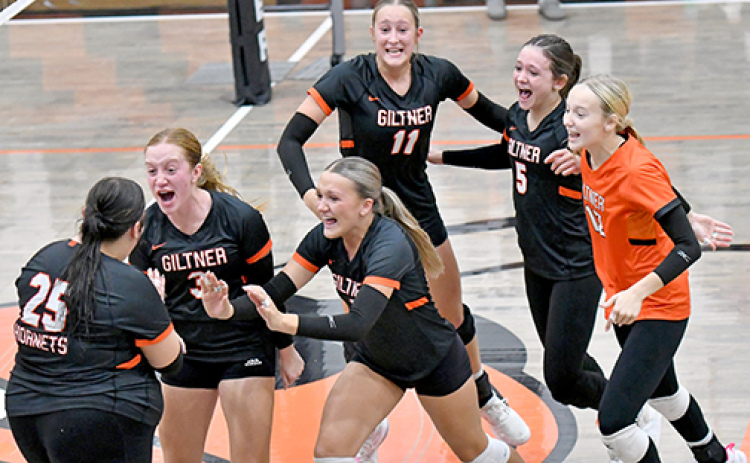 Giltner’s volleyball team celebrates after Kailyn Wilson (25) delivered the final termination to hand the Hornets a five-set win over Pleasanton Thursday night. It was Giltner’s first five-set victory dating back to the 2017 season.