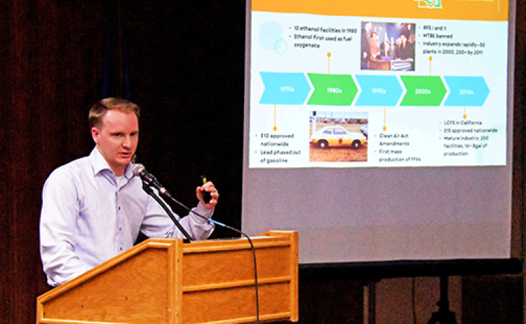 Ben Rhodes, executive director of the Nebraska Ethanol Board, gives a brief history of the ethanol industry in Nebraska during a talk to the Hamilton County Corn Growers Association last Monday night at The Leadership Center.