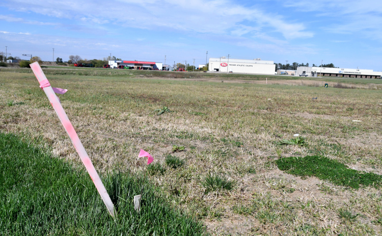 Pictured at left, pink flags mark the site in the northwest corner of the Streeter Subdivision where a new pocket park is being planned.