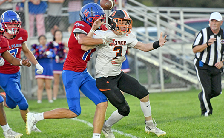 The High Plains defense wreaked havoc on the Giltner offense Friday, causing six turnovers and one fumble, shown here with HPC’s Collin Howell ripping the ball from Giltner’s Brody Rudy.