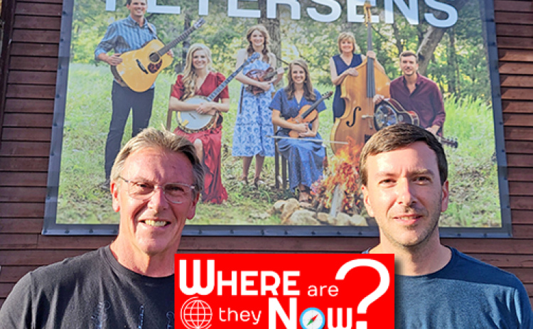 Randy (left) and Emmett Franz pose for a picture after their interview with ANR News Editor Ron Burtz at the Little Opry Theater in Branson, Mo. where Emmett plays dobro and Randy is the sound man for the Petersen Family.