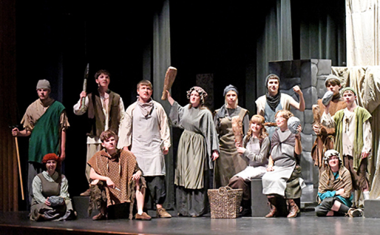 The townspeople unite as they seek to take out the noble families before one of their daughters marries the evil Prince Thanatos. Featured townspeople from front to left: Krystyl Cure, Shawn Morris, Joey Ballas, Kenzie Dubas, Nova Hamilton. Back row: Will Thacker, Wyatt Heiss, Hudson Harvey, Adelynne Hendrickson, Annabelle Manley, Tyler Naylor, Paul Weeks and Collin Whelan.