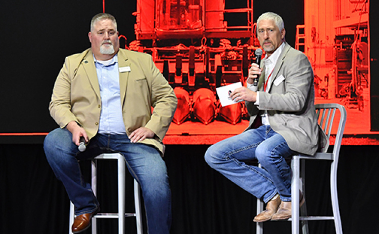 Aurora Cooperative CEO Chris Decker, left, and board chairman Paul McHargue gave a brief “Stte of the Co-op” presentation during last week’s annual meeting in Grand Island.