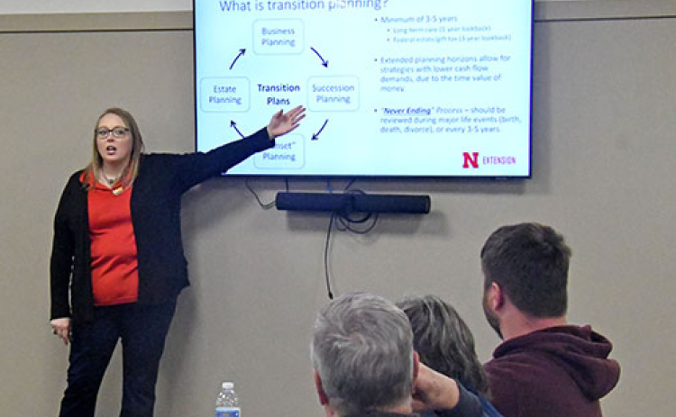 Regional Extension Economist Anastasia Meyer tells an audience in Aurora last week that planning for passing along a farm to the next generation should include discussions about business, estate planning and the farm owner’s sunset years.