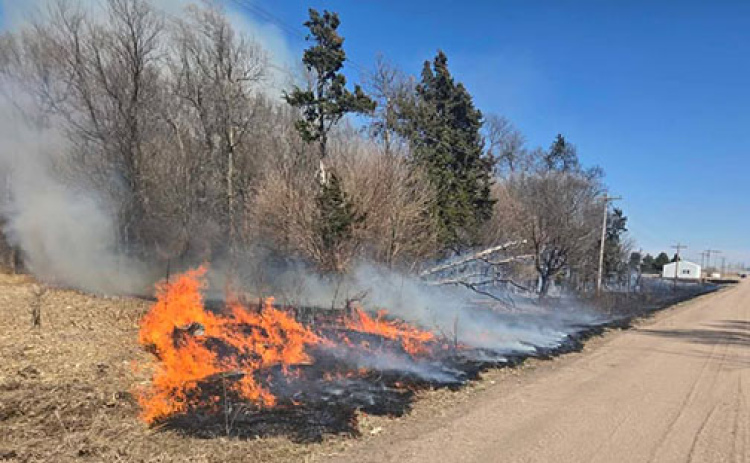This grass fire on Saturday burned about five acres near the intersection of county roads M and 10. While the flames threatened farm buildings, the only structure damage was to a vinyl fence near a house. Due to the extremely dry conditions statewide, Gov. Jim Pillen has issued an executive order prohibiting burn permits from being issued by local fire chiefs.