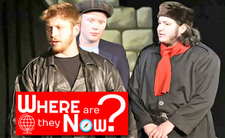 Former Aurora resident Ethan Mowery (right) has published three plays within the past two years ranging from 10-minute play to one-acts. While building himself as a playwright Mowery has participated in numerous plays and events at Newman University, one of them being the 14th annual 24-hour theatre in January where played Dimitri in “Gladiators of Zenova.” On stage with Mowery were, from left: Corbin Molina, who played Hamlet, and Steve Brown, who played Horiato.