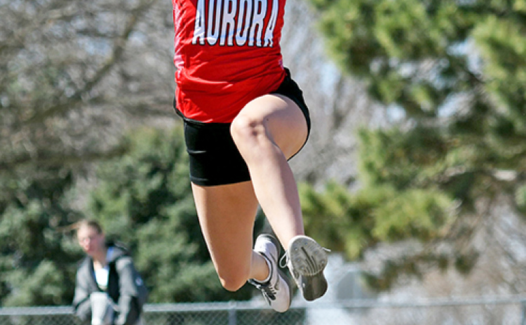 Aurora’s Stella Peterson, shown here jumping during the Aurora Invite March 27, won the triple jump at Monday’s Norris Invite while taking fourth in the long jump.
