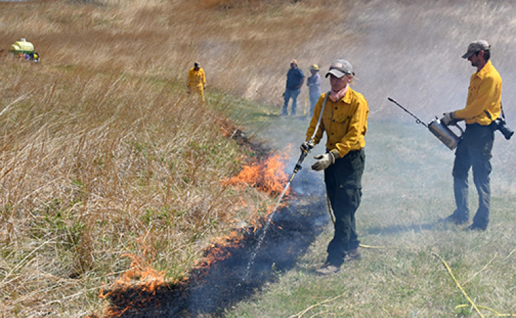 Sarah Bailey, PPRI’s conservation and education director, helps with a control burn April 30 on the Gjerloff Prairie west of Marquette.