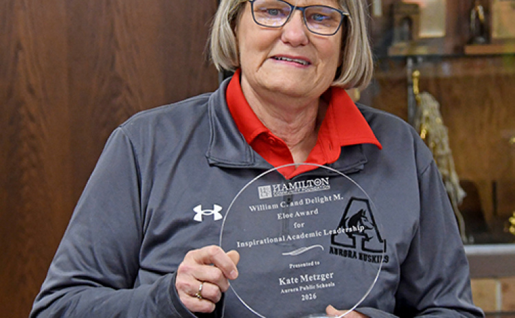 Aurora band teacher Kate Metzger is the latest recipient of the William and Delight Eloe Award for Inspirational Academic Leadership presented by the Hamilton Community Foundation. This year’s award was announced at the annual Aurora Schools Appreciation Luncheon held on the last day of school, Tuesday, May 19.