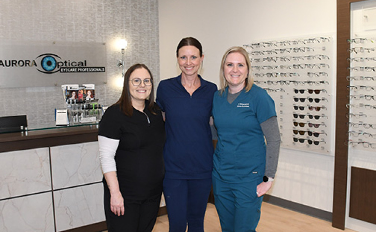 Pictured from left in the new Aurora Eyecare Professionals location on 12th Street, are from left: Sharon Beck, office manager Cassie Fink and Dr. Christa Hunnicutt, who is one of five doctor/owners of operations based in Aurora and Grand Island.
