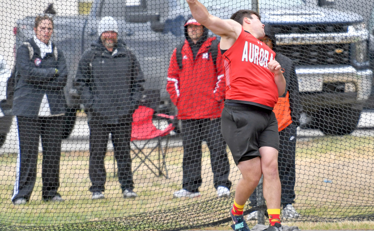 Aurora's Derek Russell won the discus throw at 187-4 at Tuesday's Central Conference meet in Lexington.