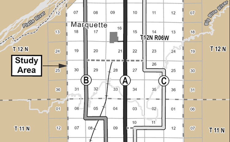 This map shows the three routes being considered for a proposed transmission line between Aurora and Central City.