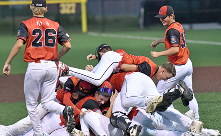 The Aurora Cooperative Juniors team celebrates after defeating York 8-6 to win the Class B Area 4 championship at Levitt Stadium last week.