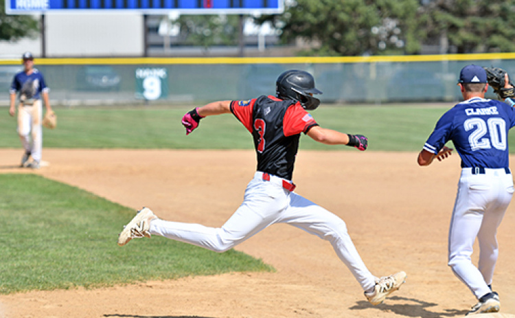 Landen Hansen tries to leg out a hard hit ball through the infield during Aurora’s 11-2 loss to Alliance at the Class B state tournament in Wayne July 20.