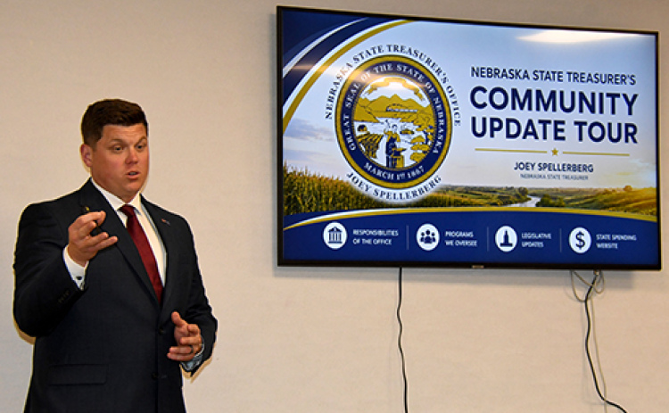 Nebraska State Treasurer Joey Spellerberg explained the role of his office during a Chamber luncheon June 29 at the Bremer Center.