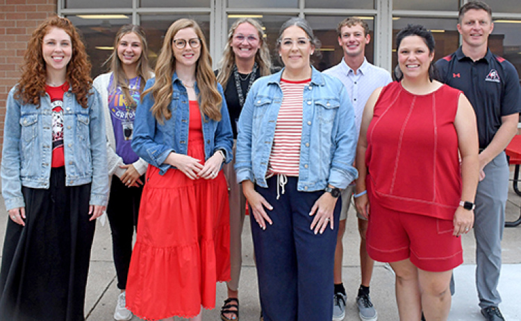 Several new members were welcomed Monday to the Aurora Public Schools staff. Pictured from left: Cacia Barnes (HS English), Paige Cellar (1st grade), Tracy Jakubowski (assistant principal/curriculum), Jaylee Wessels (resource), Tracy Eckhardt  (early childhood special education), Zane Abler (3rd grade), Andee Felber (5th grade), and Nicholas Lonowski (assistant elementary principal).