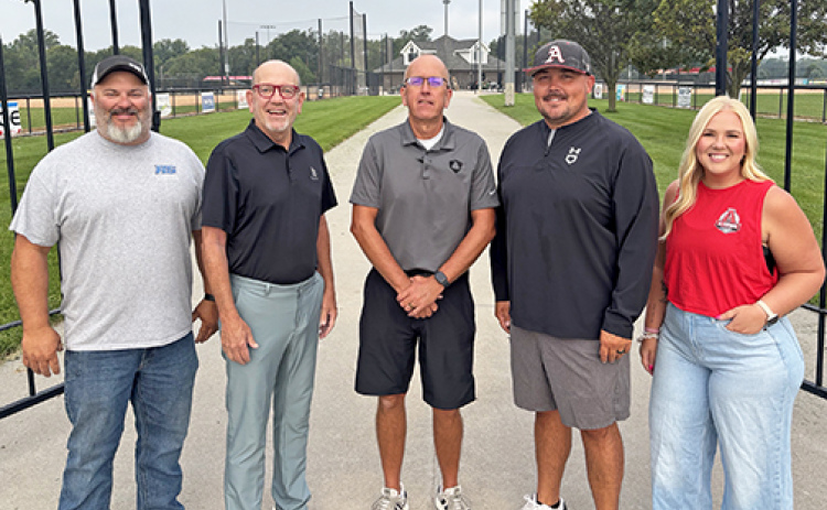 Pictured from left are Robbie Roberts, Sam Moyer, Doug Kittle, Jordan Stithem and Sami Vincent. The group gathered at the Aurorans 4 Diamond Sports complex Thursday to recognize a changing of the guard in volunteer management.