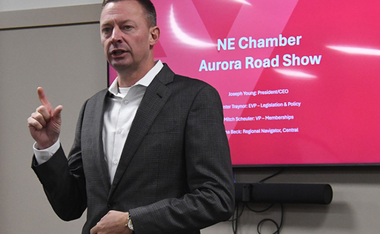 Joseph Young, CEO of the Nebraska Chamber of Commerce & Industry, shared goals and priorities of the organization Thursday in a presentation at the Bremer Center which drew approximately 50 people.