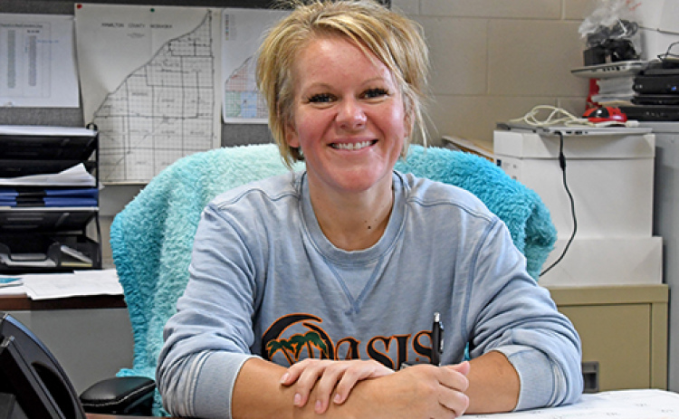 Hamilton County Planning and Zoning Director Hillary Betka now greets visitors to the county highway department office. Her office was recently moved out of the county courthouse to the office on B Street, where she also provides part-time administrative help to the highway department.