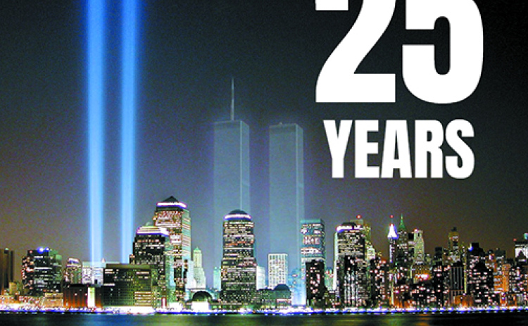 This photo, orginally run in the Sept. 11, 2002, edition of the Aurora News-Register, depicts twin beams of light shown over New York City in 2002, serving as a glowing reminder of the Twin Towers that once highlighted the Manhattan skyline. This week marks the 25th anniversary of the 911 attack.