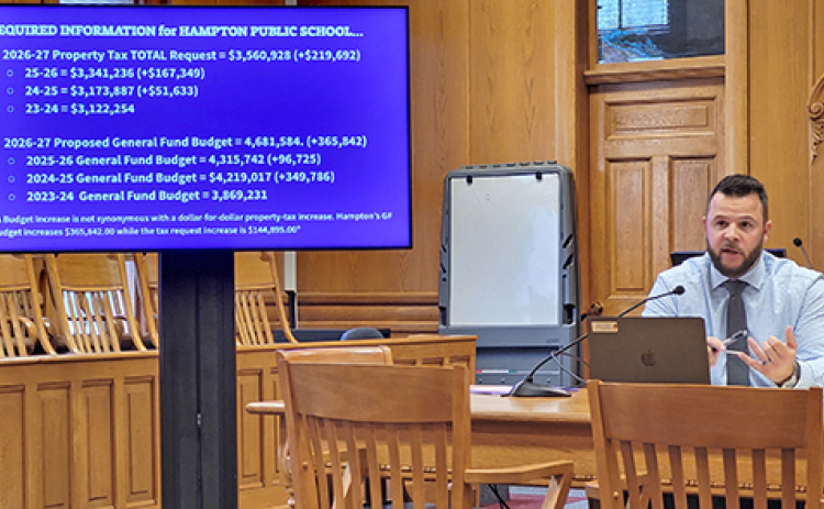 Hampton School Supt. Carson Klute explains the reasons for the districts 2026-27 property tax asking increase at a public hearing Monday night.