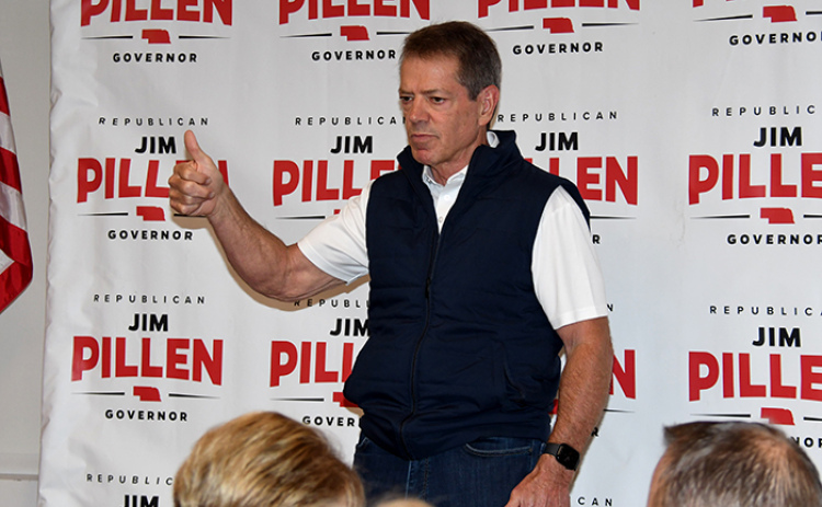 Republican incumbent Gov. Jim Pillen invited local supporters to consider becoming “a blackshirt” during his campaign stop in Aurora last week, which would involve encouraging 11 people to get out and vote in the Nov. 3 General Election.