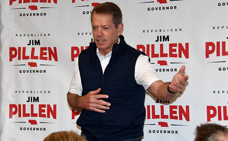 Republican incumbent Gov. Jim Pillen invited local supporters to consider becoming “a blackshirt” during his campaign stop in Aurora last week, which would involve encouraging 11 people to get out and vote in the Nov. 3 General Election.