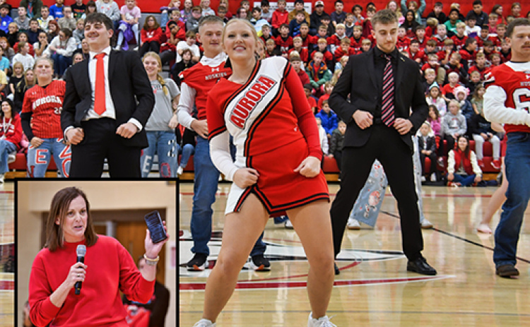 One of the senior dance numbers at the Homecoming pep rally. Inset: Pep rally guest speaker Chelsea (Miller) Kaufman