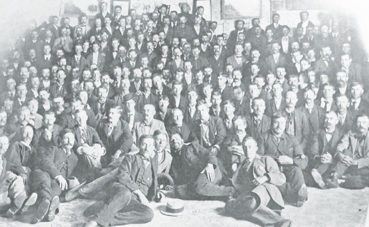 The charter organization of Douglas Castle No.1, in Aurora. This flash-light picture was taken after the official organization of the Royal Highlanders on Aug. 11, 1896. Photo courtesy of the Plainsman Museum