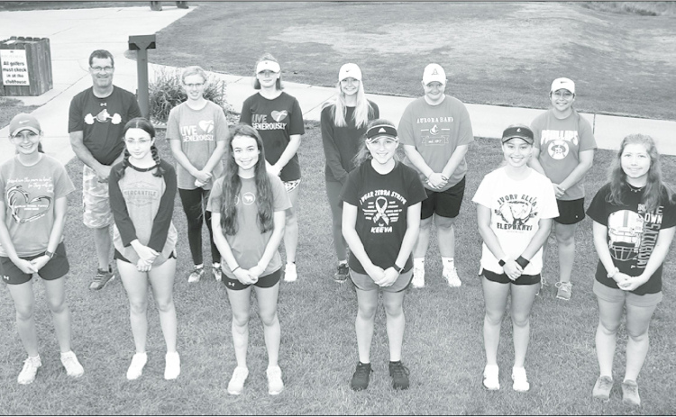 Members of the 2020 Aurora girls golf team include, front from left: Emma Young, Ella Sandstrom, Kassidy Stelk, Kylee Young, Annalese Talkington, Maddie Krejci. Back from left: Coach Rick Bell, Laura Hansen, Madelynn Johnson, Riley Darbro, Grace Ziegler, Emily Pedersen. Not pictured: Izzy Hoos and Miranda Hoos. News-Register/Kurt Johnson