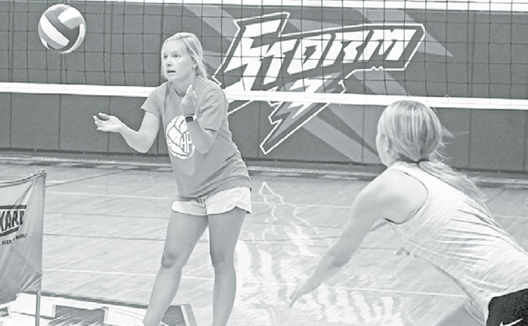 Brittany Klingsporn leads the High Plains volleyball team through drills during the first week of practice last week. News-Register/Richard Rhoden