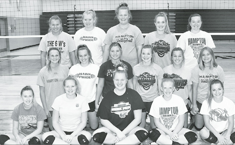 Members of the 2020 Hampton volleyball team include front row, from left: Rorie Loveland, Makenna Clinch, Emma Hansen, Abbey Arndt, Lexie Wolinski. Middle row: Nevaeh Lukassen, Kylie Mersch, Zaya Stuart, Kaylei Joseph, Shae Kingery, Maci Bullis. Back row: Lillian Dose, Brooke Lubke, Jenna Hansen, Shayna Klute, Dani Dowling. News-Register/Kurt Johnson
