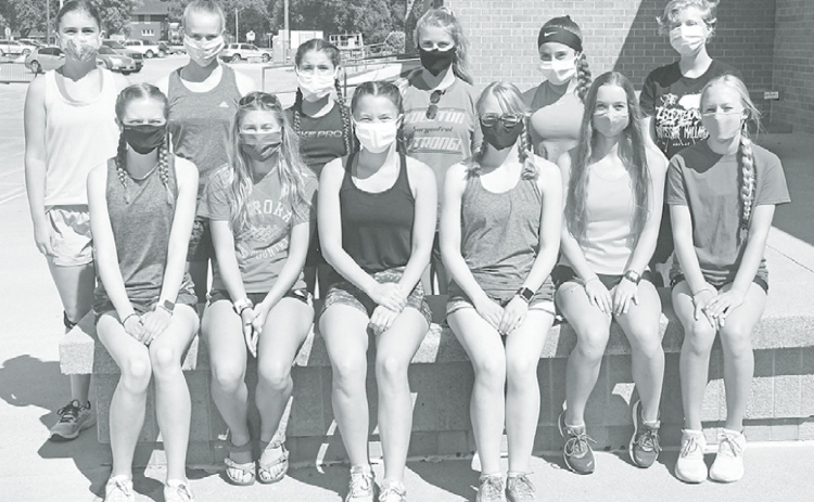 Members of the 2020 Aurora girls cross country team include front from left: Elena Kuehner, Sidney Dyer, Hannah Donnell, Claire Jensen, Kaitlyn Oswald, Taylor Pickinpaugh. Back row: Sarah Springer, Ayeanna Smith, Natalie Bisbee, Kim Evans, Laighla Rice, Hannah Spiehs. News-Register/Jeni Moellenberndt